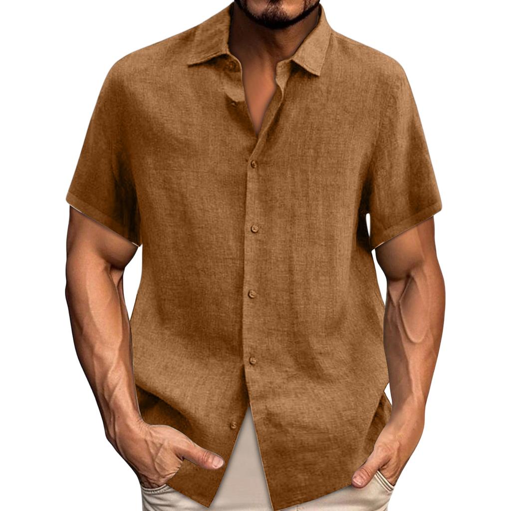 Spring Summer Men's Casual Cotton Linen Color Short Sleeve Shirts Loose Shirts