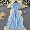 Elegant Summer Midi Dress for Women O-Neck High Waist Solid Spliced Lace with Embroidered Flowers Long Dress New Fashion