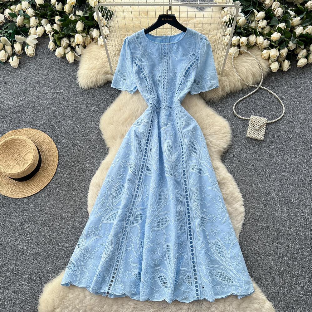 Elegant Summer Midi Dress for Women O-Neck High Waist Solid Spliced Lace with Embroidered Flowers Long Dress New Fashion