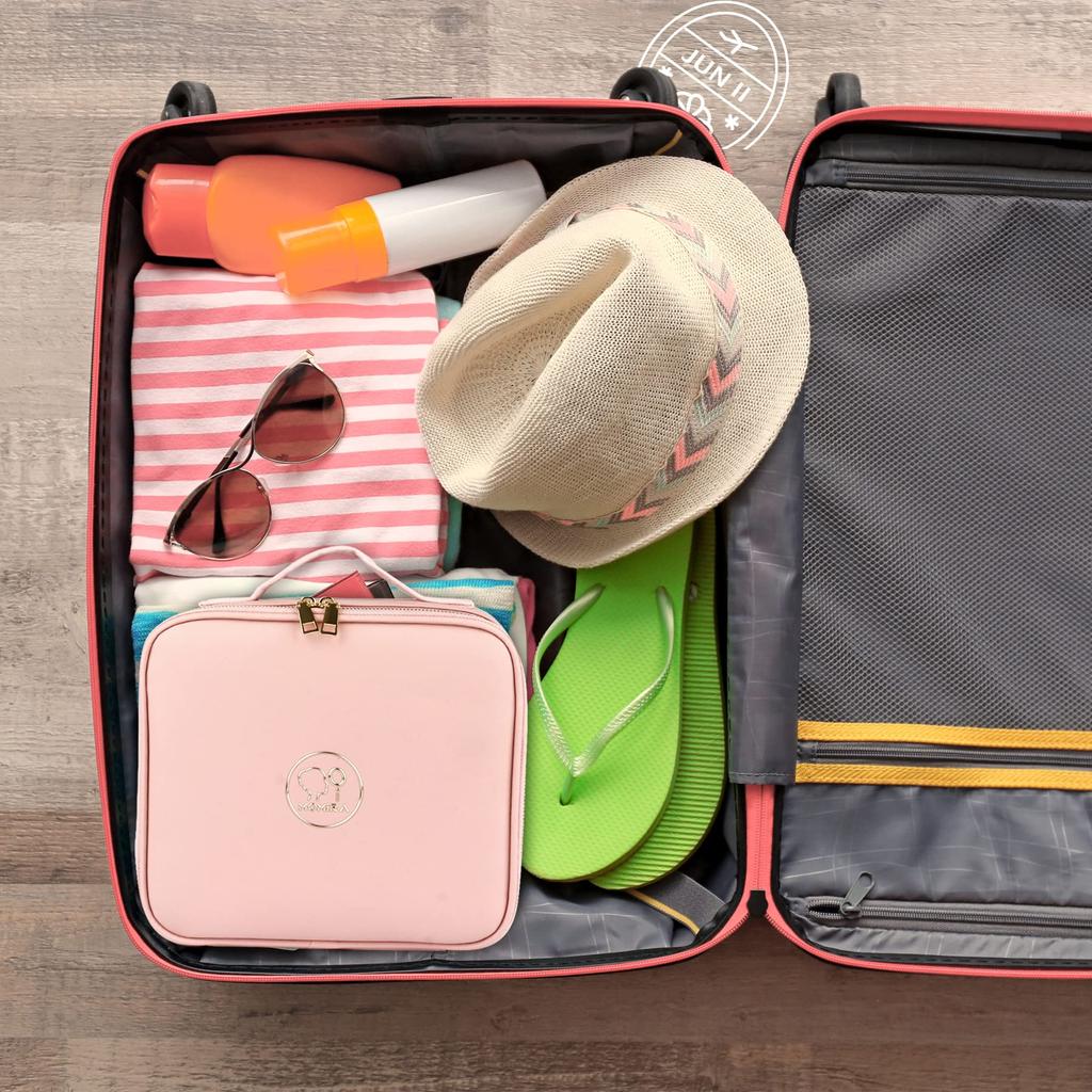 MOMIRA Makeup Box with Cosmetic Storage Cosmetic Case with Adjustable Adjustable LED and Makeup Brush Large Travel Pink Mirror, Box, Dividers, 3-Color