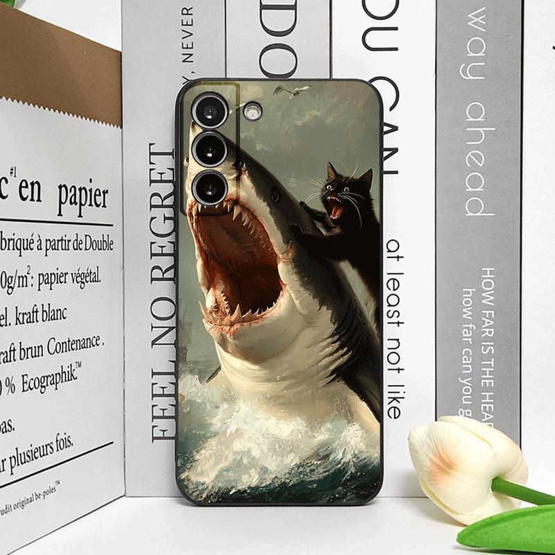 Funny Abstract Shark Black Cat Phone Case for Samsung Galaxy S24+ S25 S23 Ultra S22 Plus S21FE M53 M34 M55 5G Frosted Soft Cover
