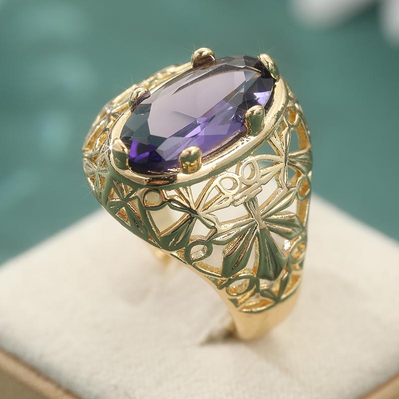 Classic Oval Purple Synthetic Zircon Ring For Women Fashion Golden Color Bride Wedding Ring Vintage Jewelry