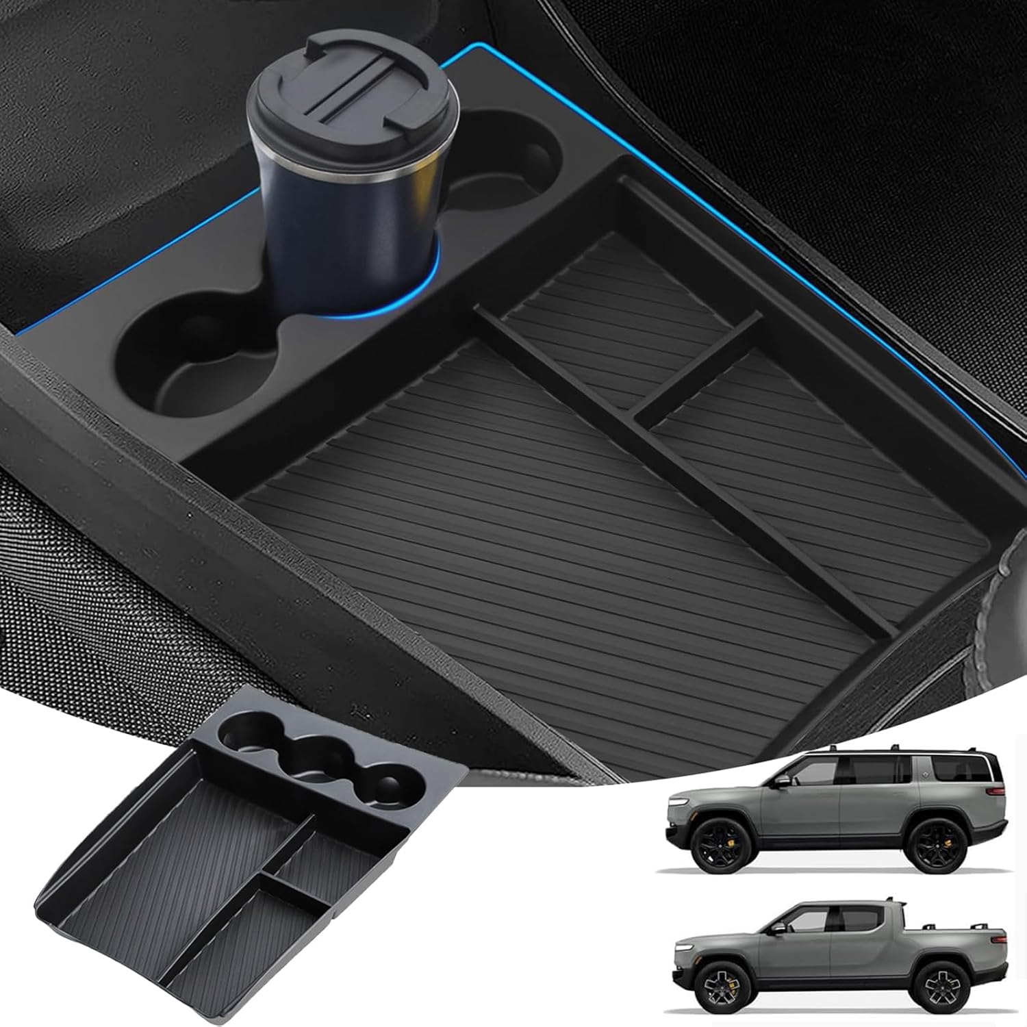 Lower Center Console Organizer With Expanded Cupholders For Rivian R1T/R1S   2024 2025 Floor Console Organizer, Console Storage Box Interior Rivian