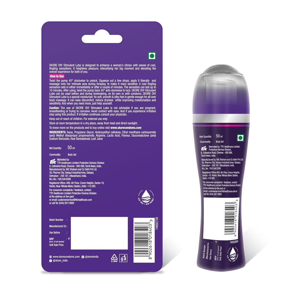 Skore OH! Water Based Intimate Lubricant Gel 50 ml Cooling Tingling Sensation Skin Friendly Condoms Compatible