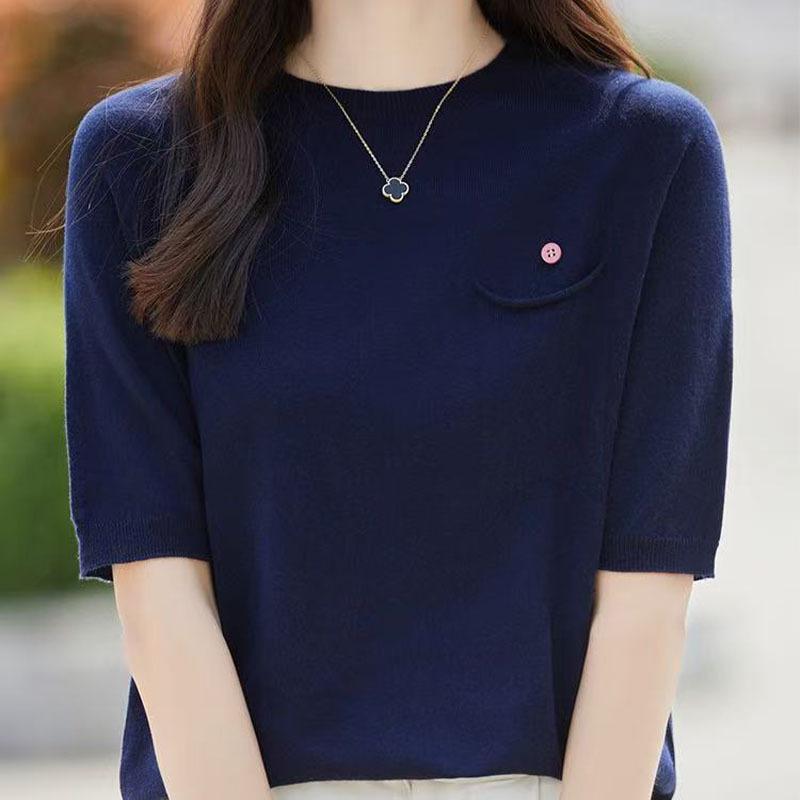 New Summer Thin Knitted Sweater Short-sleeved Women's Round-neck Loose Pocket Top