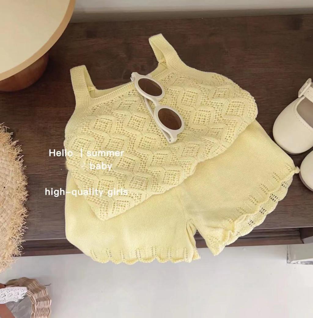 

Adorable Summer Two Piece Set For Little Girls Soft Knitted Vest And Comfortable Shorts Goose Yellow,130
