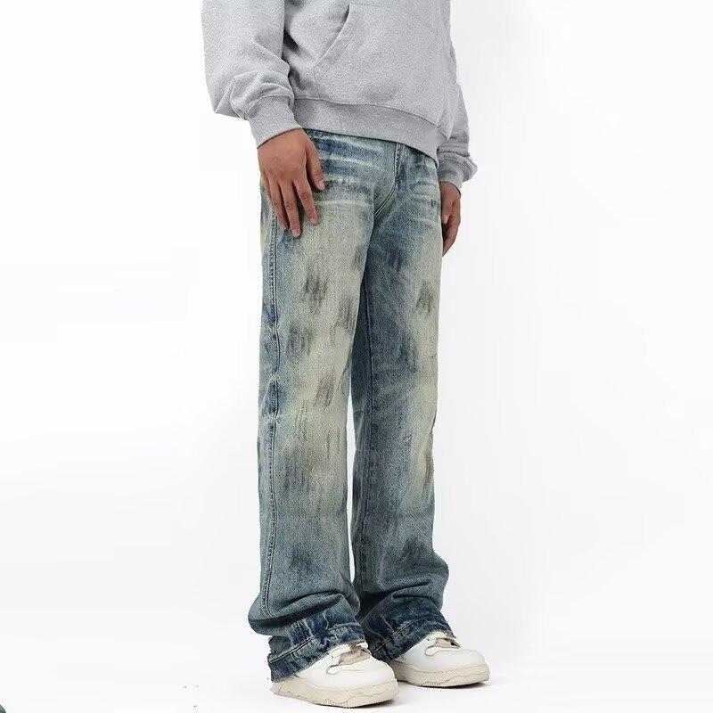 Ink splashing retro women's summer trendy brand couple washed jeans men's American dirty dyed loose straight-leg pants