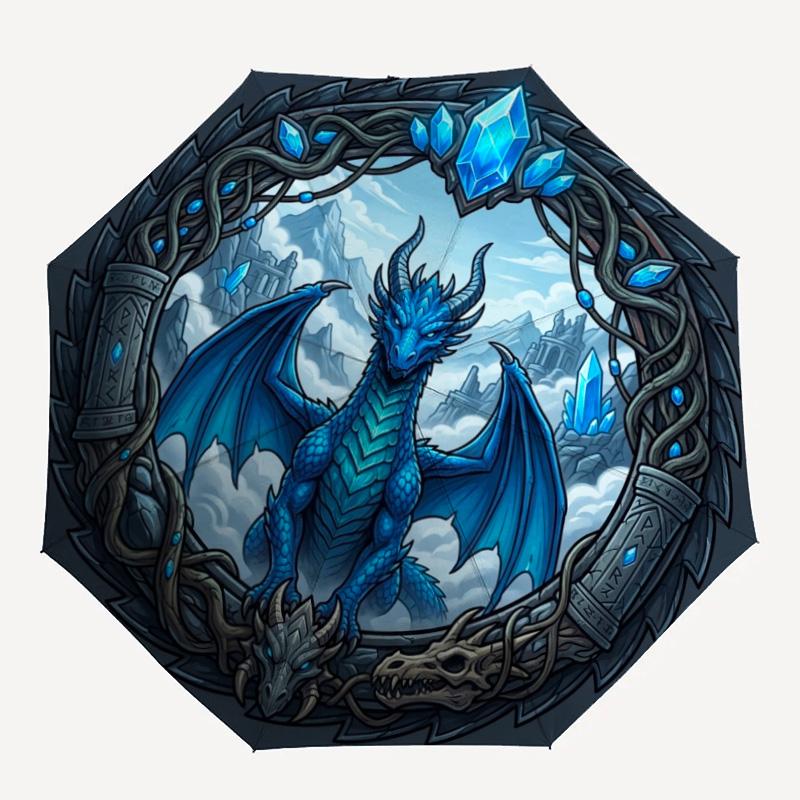 Blue Dragon Fantasy Art pattern umbrella, portable and foldable design, 8 ribs, a casual accessory for Halloween, Christmas, and birthday gifts.