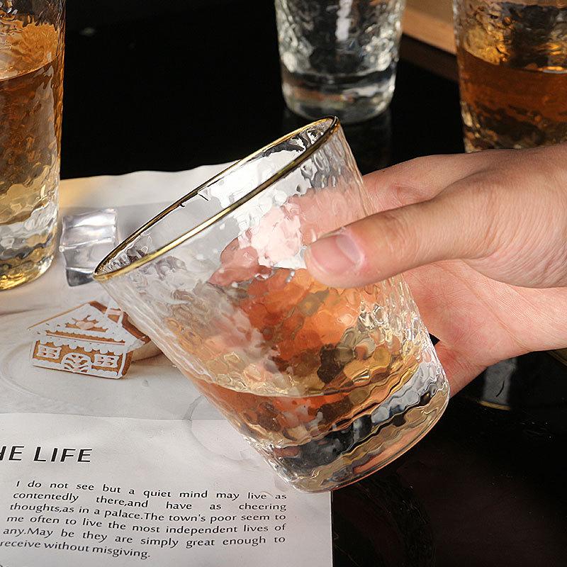 2pcs Set 11oz 330ml European Style Gold Edged Hammer Patterned Cup Transparent Heat-resistant Tea Mug Cocktail Whiskey Glasses