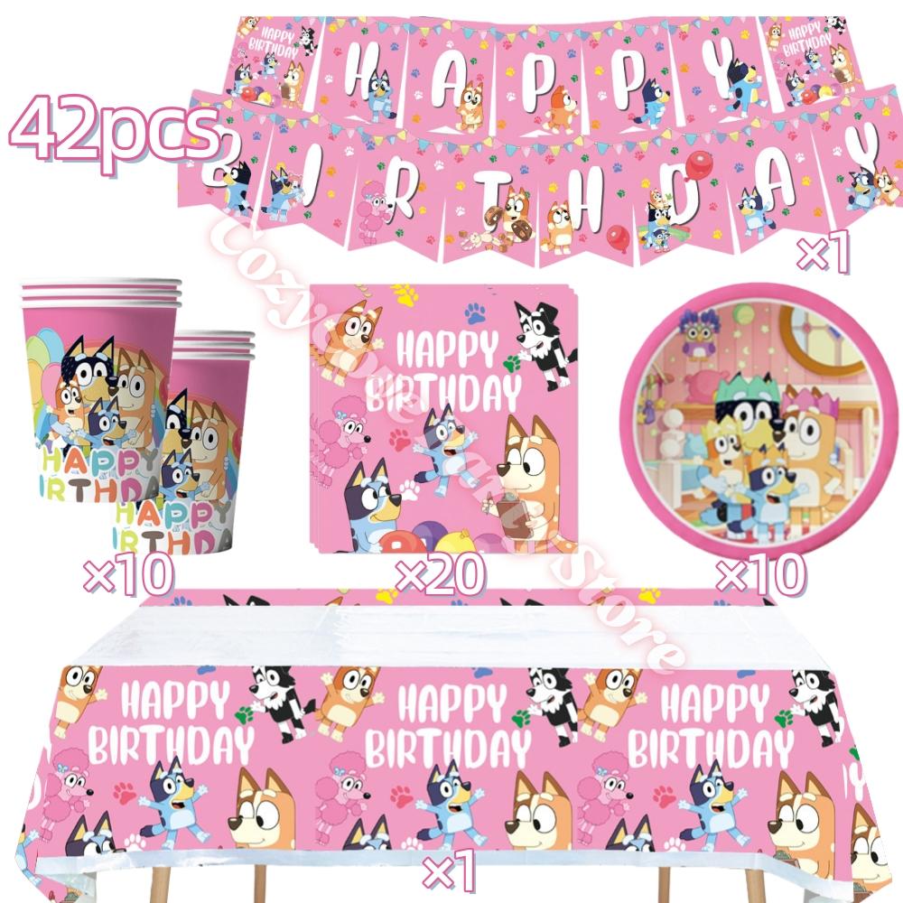 Pink Bluey Birthday Party Decoration Set Bingo Puppy Cup Plate Napkins Balloons For Kids Favors Gifts Photo Booth Baby Shower