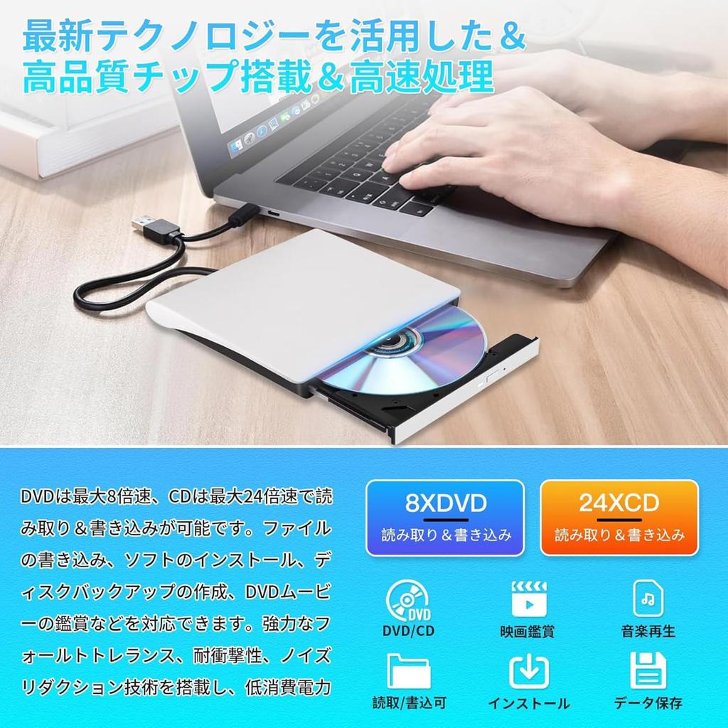 BRJR CD DVD External DVD 8XDVD External Optical Bus USB Compatible with MAC CD External Slim Portable Drive, Drive, High-Speed Processing, & 24XCD,
