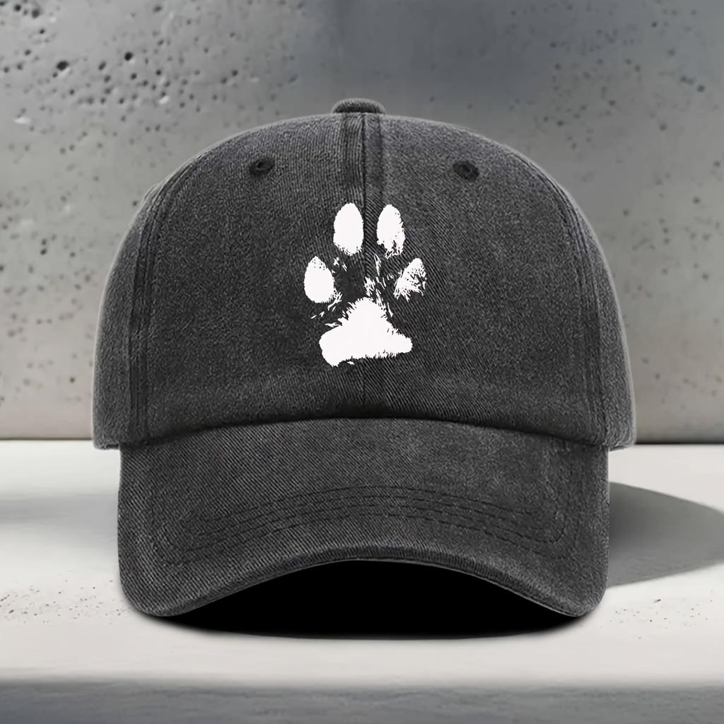 A Baseball Cap Featuring a White Blurry Paw Print Design Suitable for Outdoor Activities And Hiking with a Vintage Washed Look