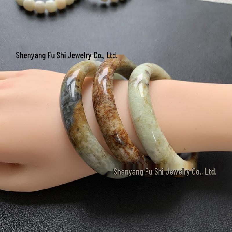 Xiuyan Jade Bracelet - Liaoyang Flower, Veined Red & Earth Blue Pattern, In Stock for Good Luck