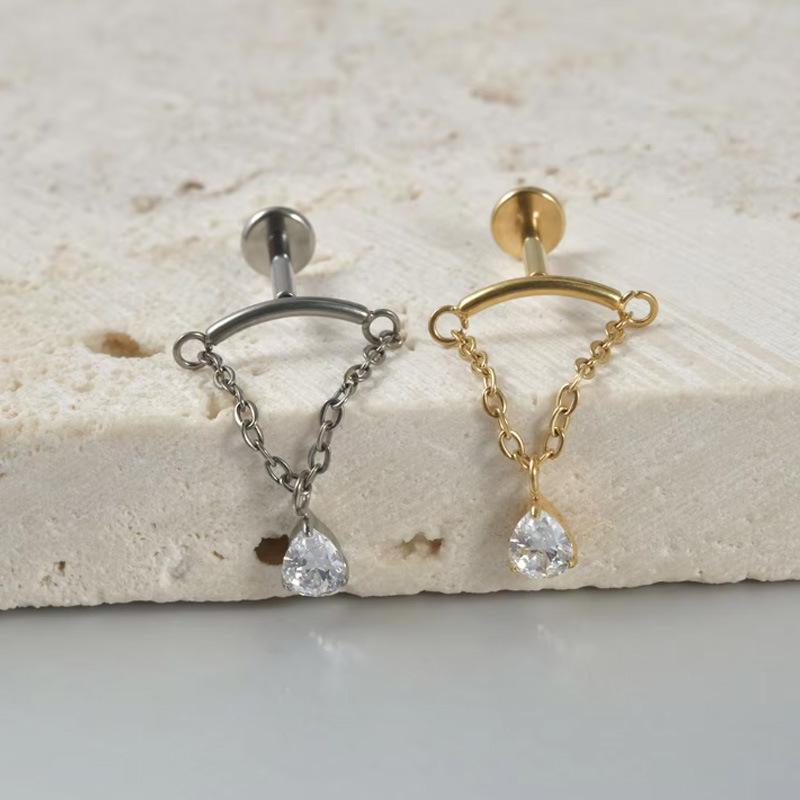Titanium G23 Zirconia Chain Ear & Lip Studs - Horse Eye Design, High-End Piercing Jewelry