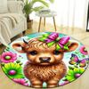 Vibrant Calf Print Round Area Rug - Soft Polyester Non-Slip Mat with Adorable Highland Cow Design, Colorful Flowers & Butterflies, Perfect F