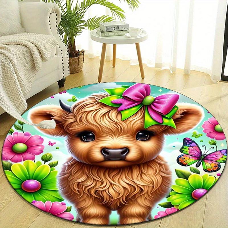 Vibrant Calf Print Round Area Rug - Soft Polyester Non-Slip Mat with Adorable Highland Cow Design, Colorful Flowers & Butterflies, Perfect F