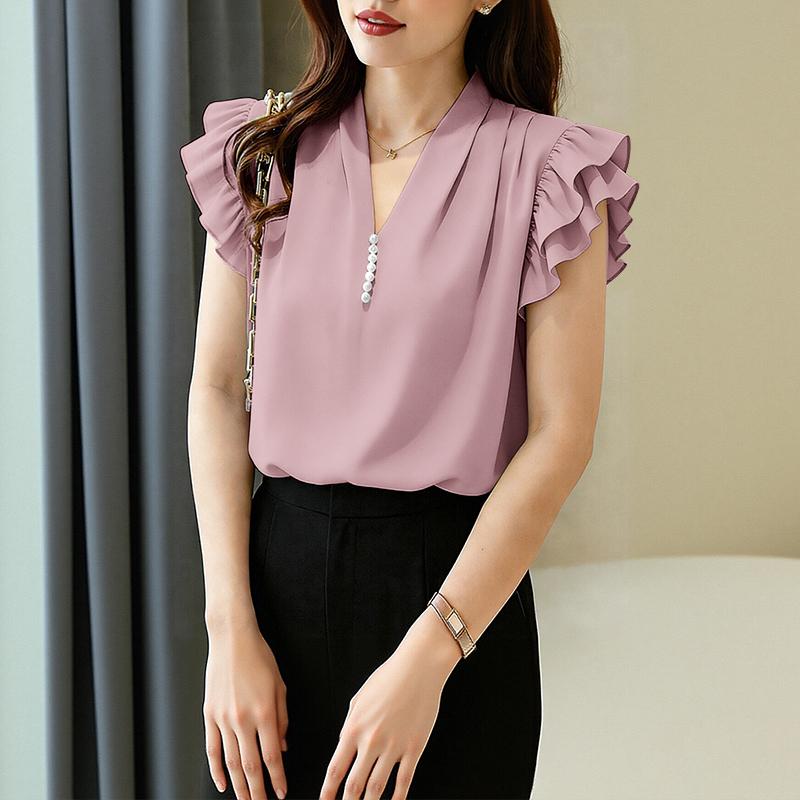 ZANZEA Women Casual V-Neck Ruffles Short Sleeve Elegant Blouse