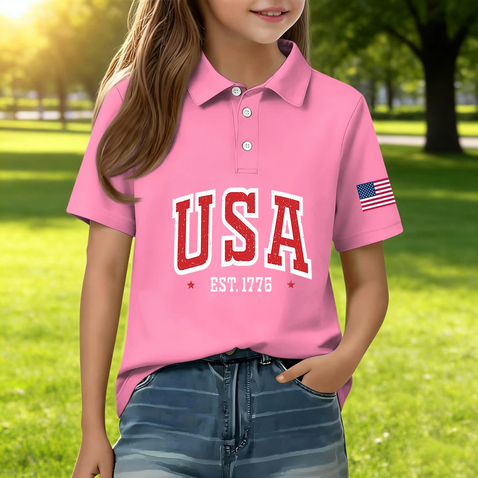 Kids Polo Shirt USA Print Short Sleeve Casual Top Boys Girls Summer Lightweight Cotton Blend Tee 140 розовый