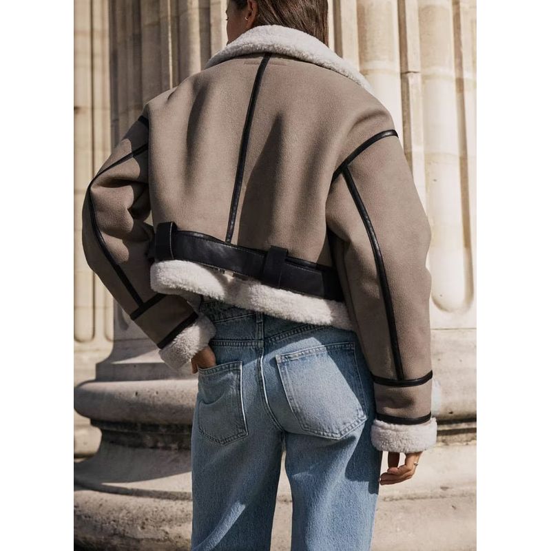 Fall and Winter New Arrival Fur Lapel Motorcycle Clothing Thickened Heattech Double-Sided Short Jacket 8073235