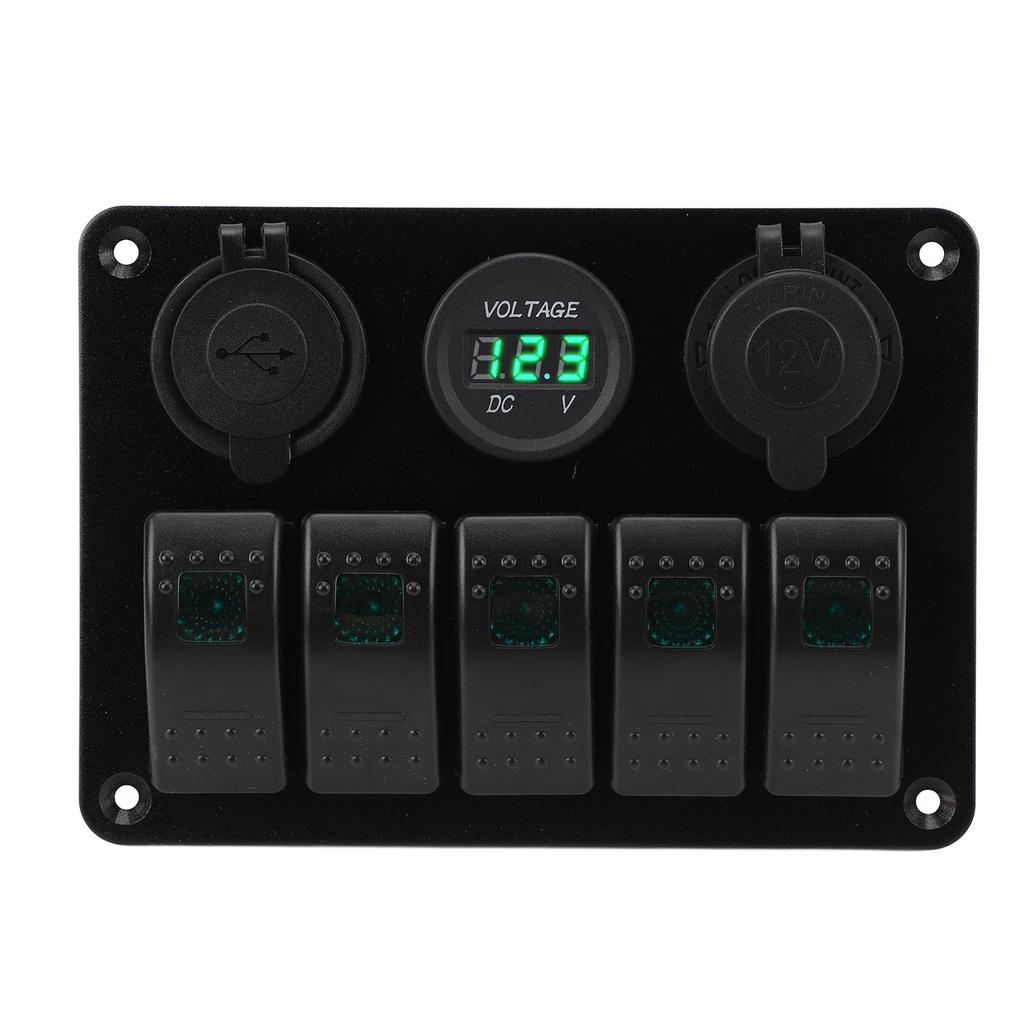 Switch Panel DC 12 to 24V 5 Gang Aluminum Alloy IP65 Water Resistant Prewired Rocker Switch Panel with Dual USB Cigar