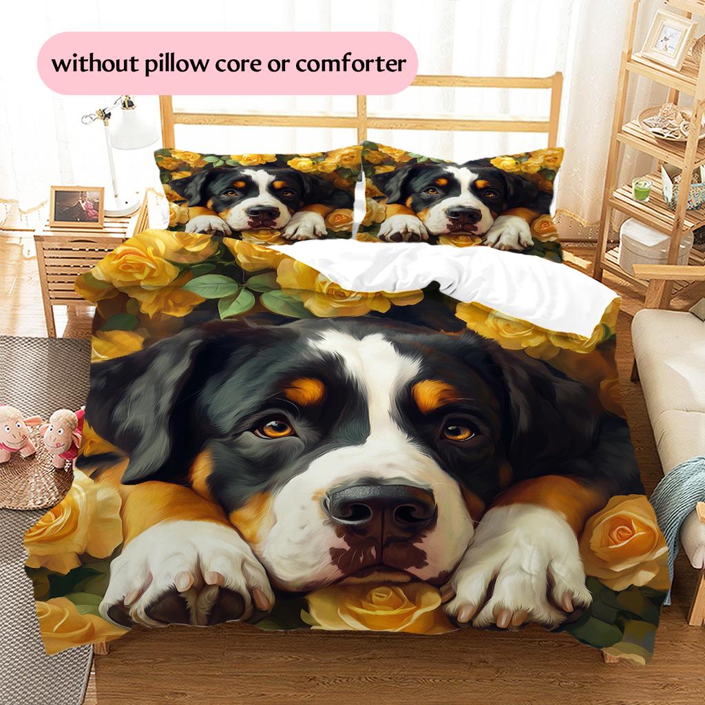 Bernese Mountain Dog and Rose Pattern Bedding Home Decoration Birthday Gift (1 * duvet cover + 2 * pillowcase, without core)