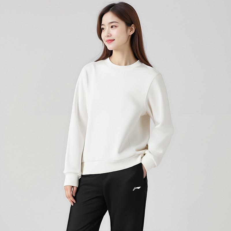 Li Ning Sweatshirts Women's Champagne White New Fleece Lined Crew Neck Moderate AWDT782-8