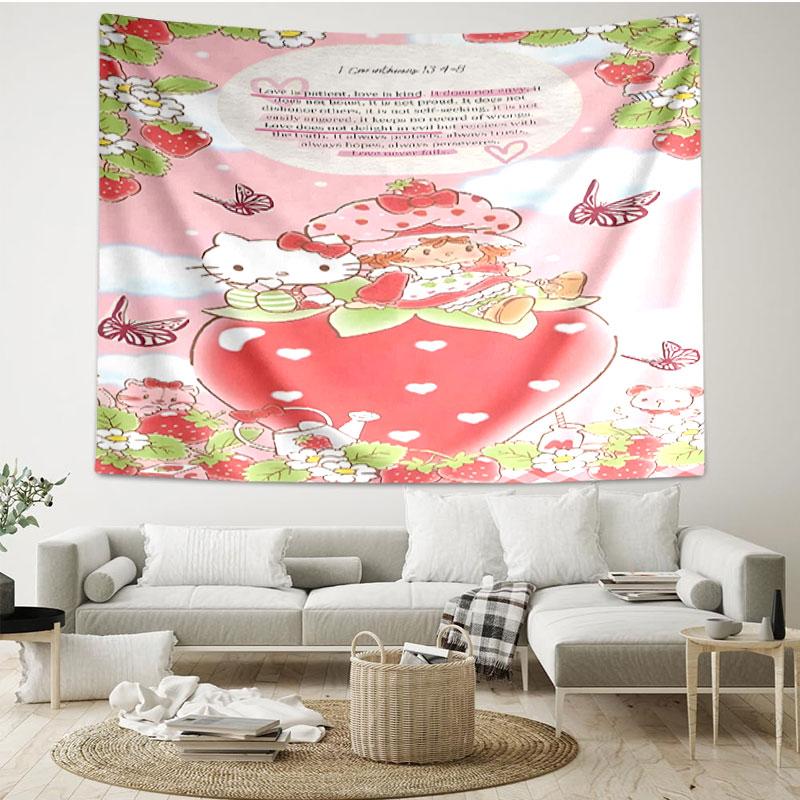 Strawberry Shortcake Print Tapestry - Portable Wall Decor Cloth, for Home, Dorm, Travel, Bedroom, Living Room - Ideal Birthday Housewarming Gift