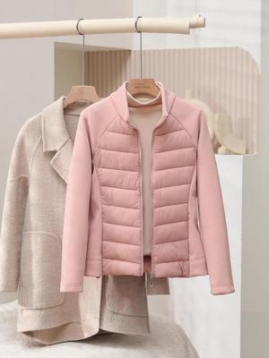 Women's Sporty Spliced Cotton Jacket - Warm Stand-Up Collar, Slim Rib, Lightweight Winter Outdoor Coat for Yoga