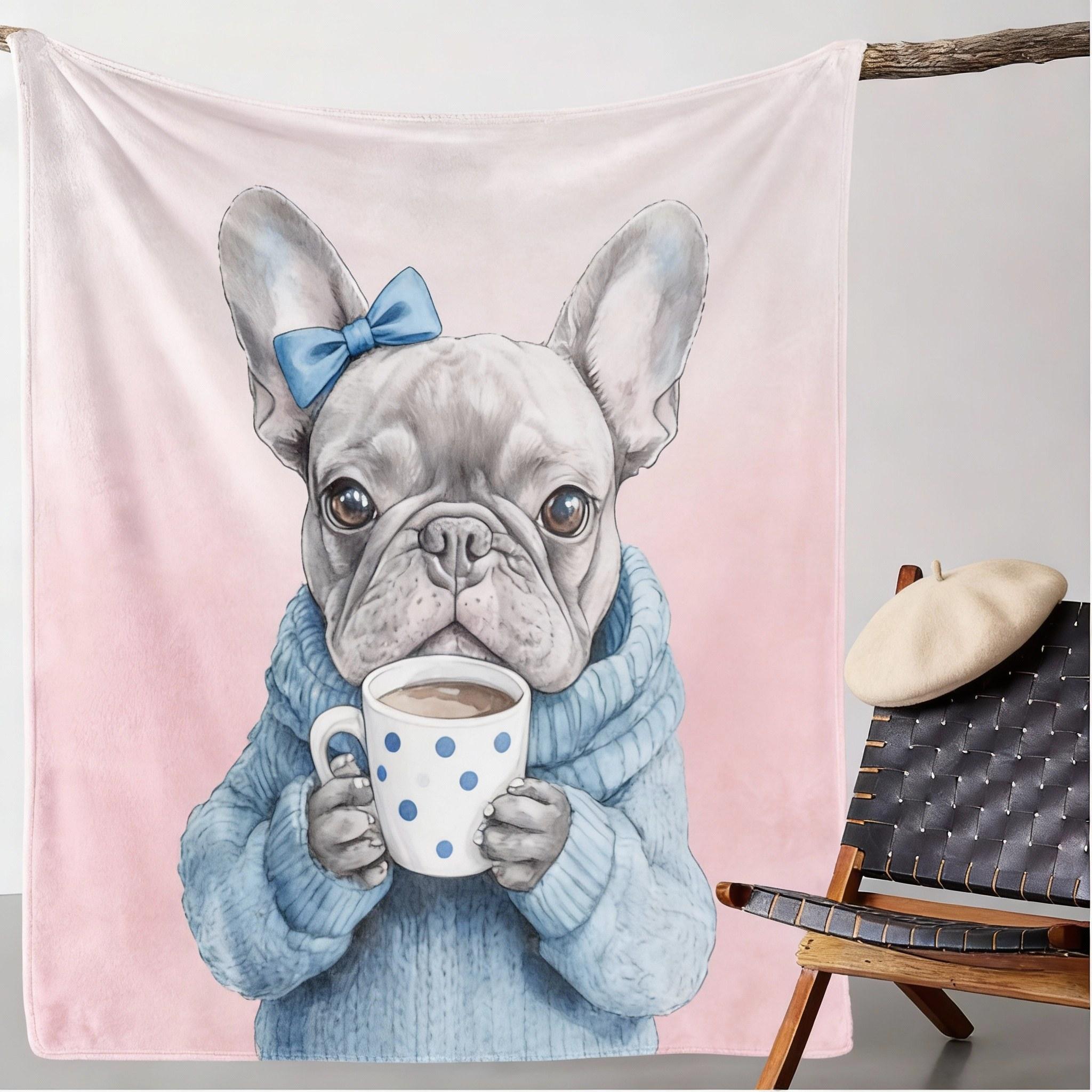 

1pc Vintage French Bulldog with Coffee Print Flannel Throw Blanket - Cozy Soft Polyester Knitted Blanket for Sofa,Nap blanket 130x150cm