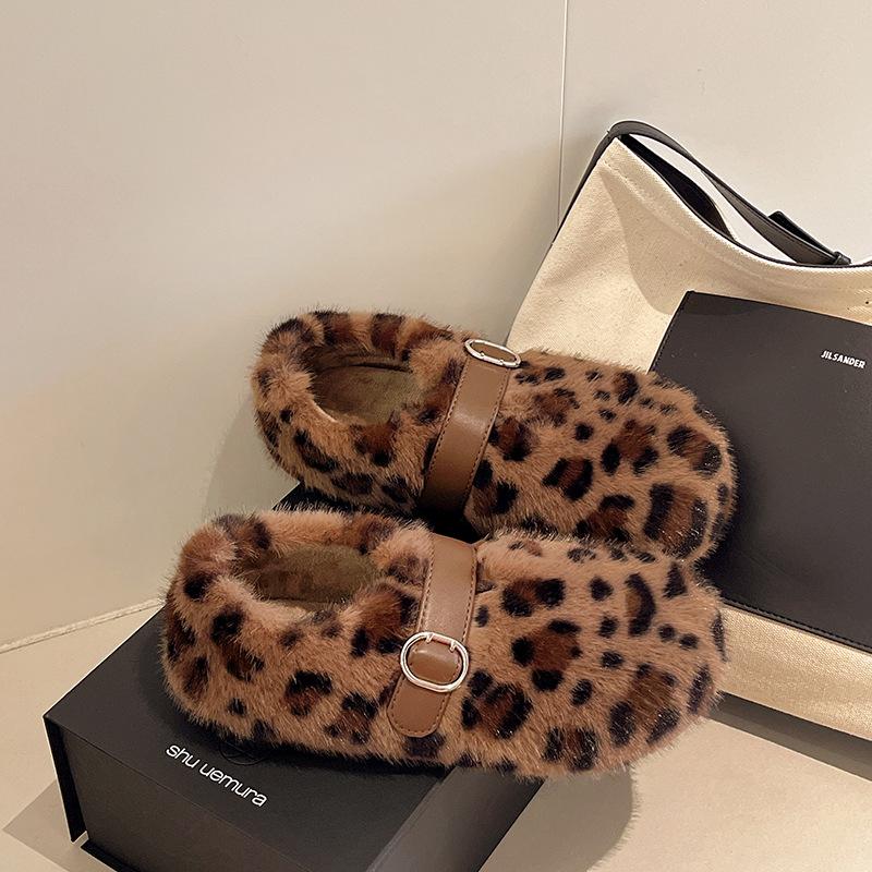 Mink Hairy Shoes for Women's Winter Wear 2025 New Korean Version French Soft Flat Bottom Velvet Warm Mary Jane Doudou Shoes