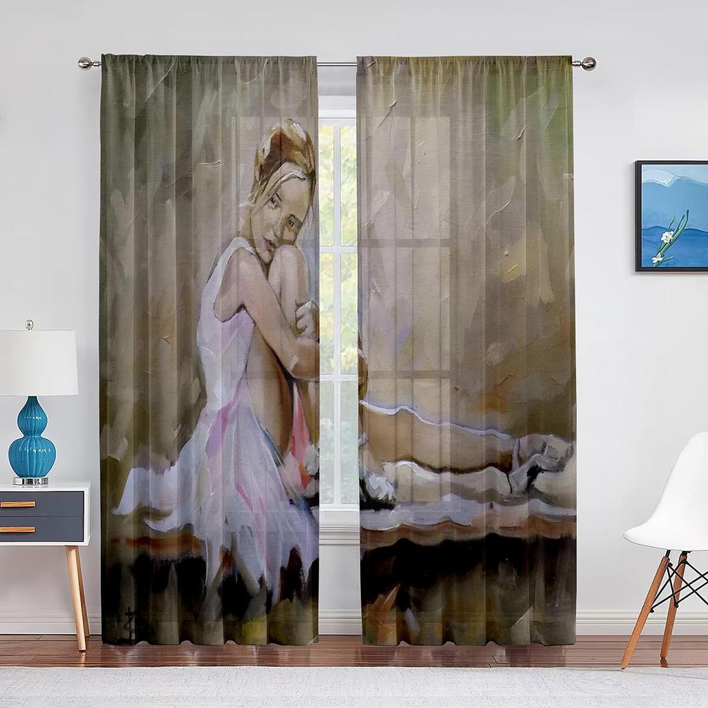 Retro Ballerina Dancing Classic Performance Tulle Curtain for Living Room Decoration Chiffon Sheer Voile Kitchen Bedroom Curtain