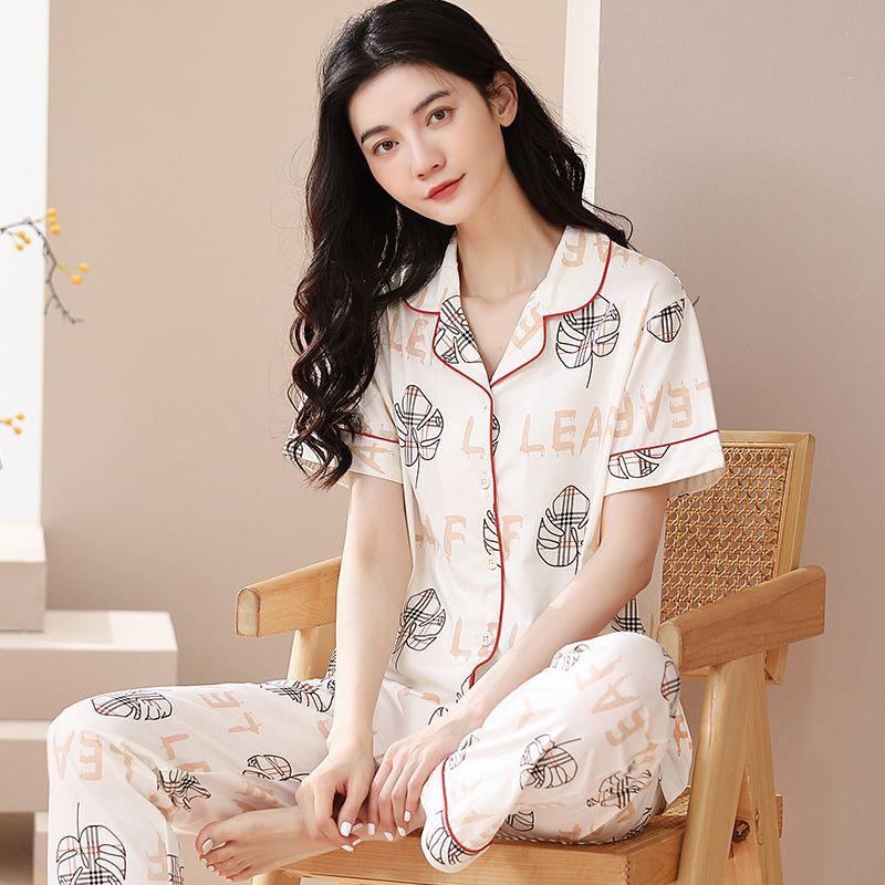 New pajamas women's summer short-sleeved trousers 100% pure cotton thin women's casual lapel mother loungewear set summer