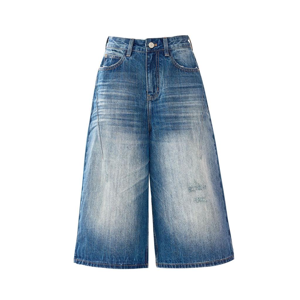 Trendy Spring Summer Pleated Vintage Loose Wide Leg Cropped Capri Denim Pants For Women Versatile Loose Straight Slimming Daily Denim Bottoms
