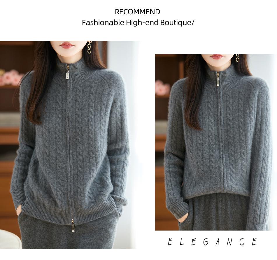 Retro Double Zipper Cable Knit Cardigan – 100% Wool, Seven Gauge, Thickened for Autumn/Winter
