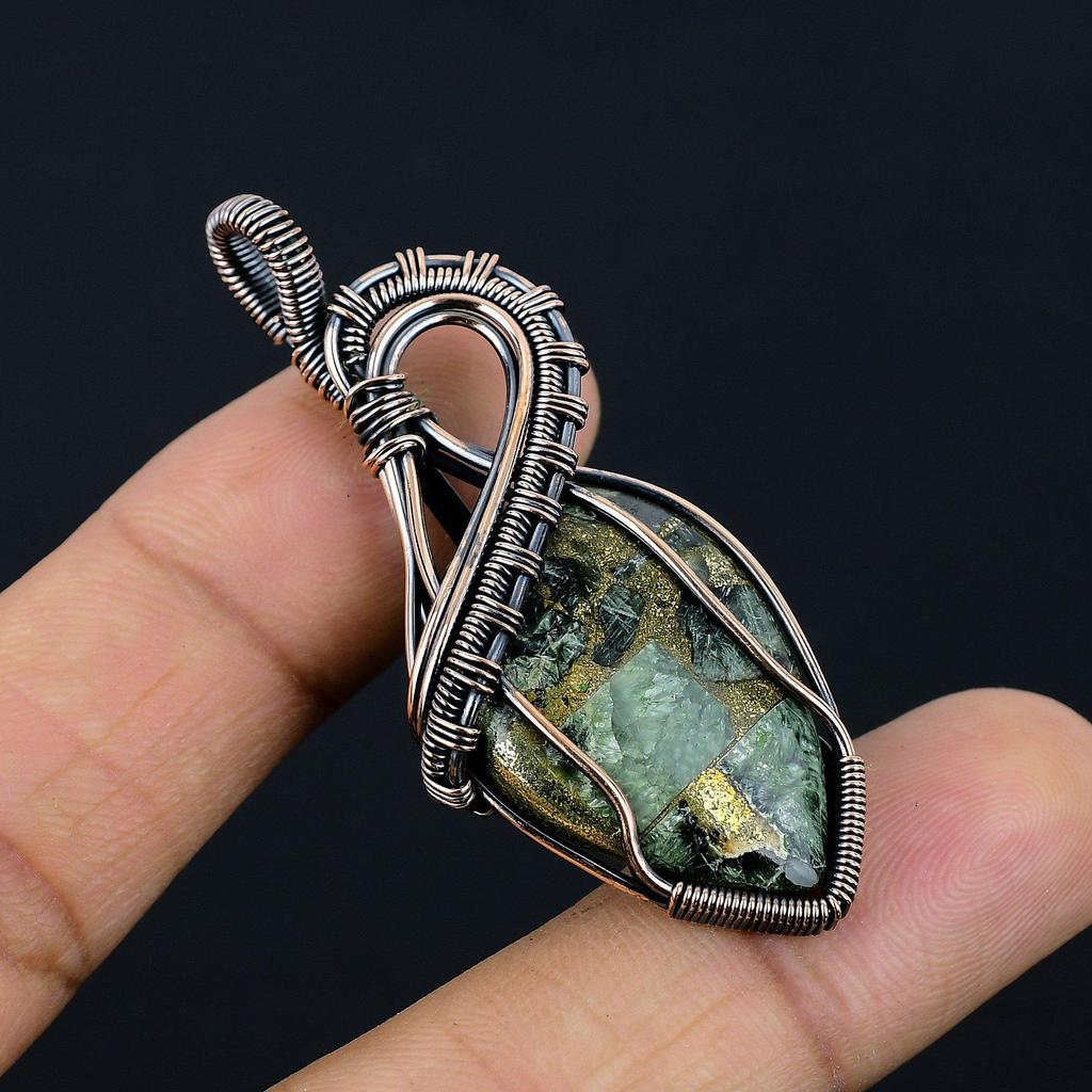 Copper Seraphinite Pendant, 999 Copper Wire Wrapped Gemstone Jewelry, Handmade Pendant, For Thanksgiving