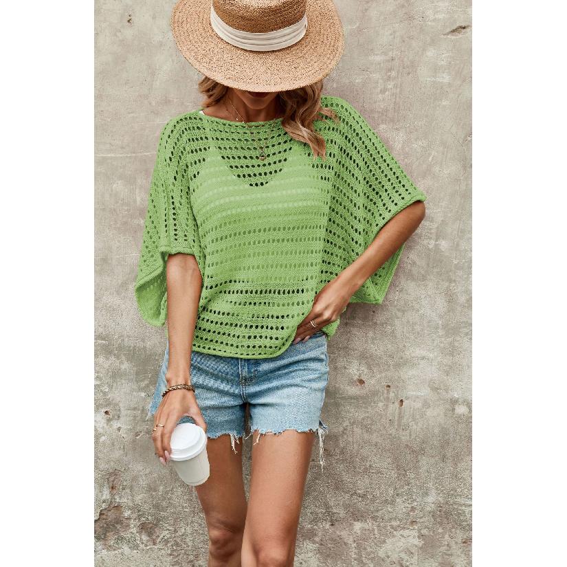 2026 New Round Neck Solid Color Women's Bat Sleeve Hollow Loose Knit Sweater