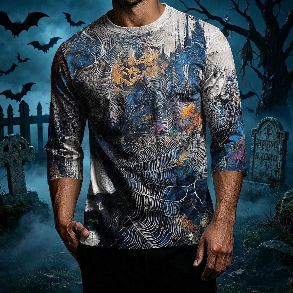 Men's Casual Halloween Print Crew Neck T Shirt Three Quarter Sleeve Top Comfortable Fit Seasonal Style