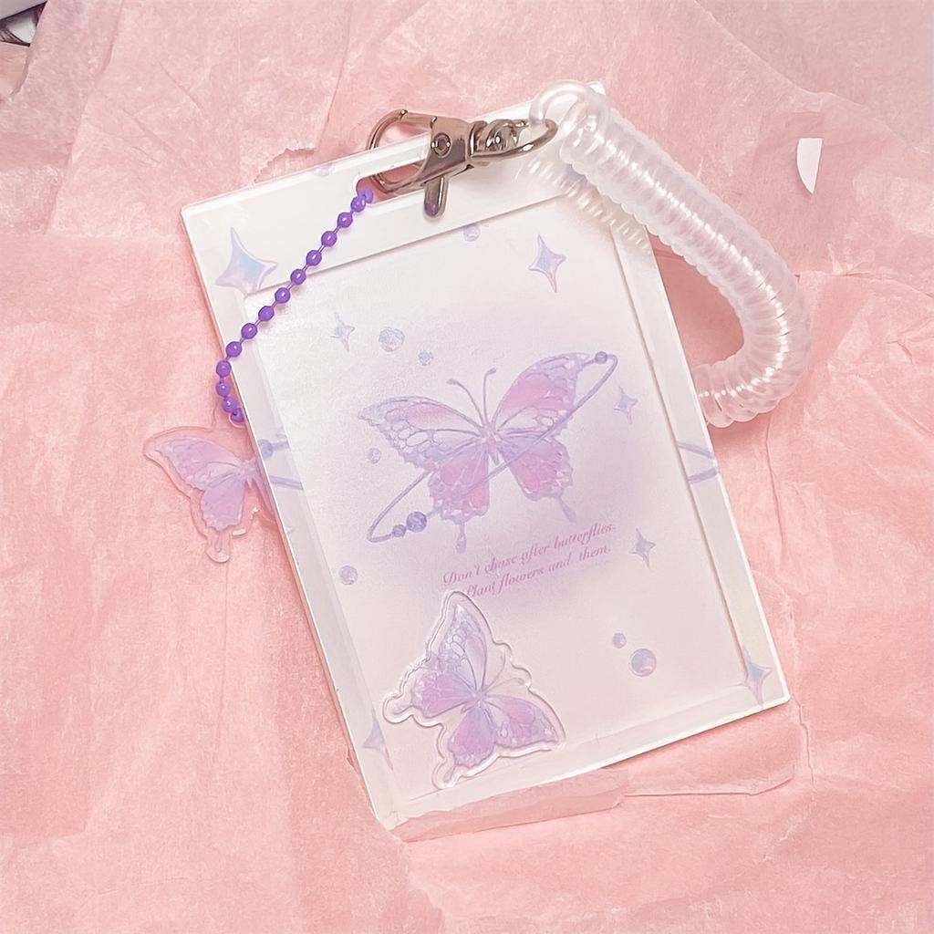 1pc Butterfly Keychain Card Cover, Bus Card Campus Card Rice Card Cover, Acrylic Card Cover with Lanyard Card Cover, Idol Small Card Cover