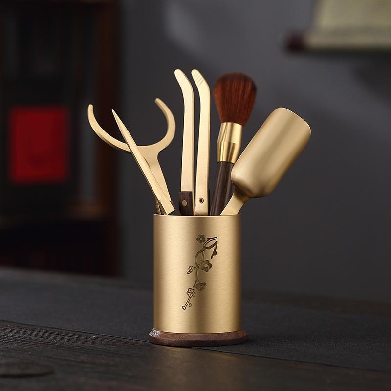 Copper Ebony Wood Tea Ceremony Six Tools Set Gongfu - Teaspoon Pick Tongs Scoop Brush Caddy