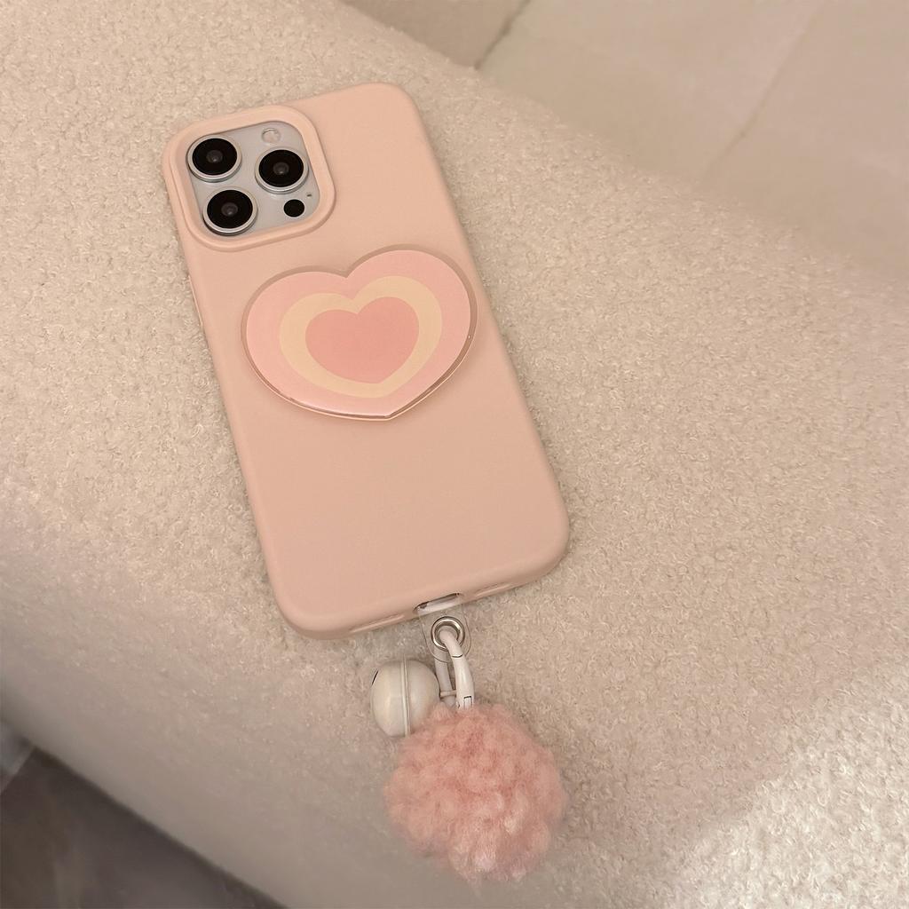Pink heart-shaped stand fur ball bell phone case suitable for 11/12/13/14/15/16