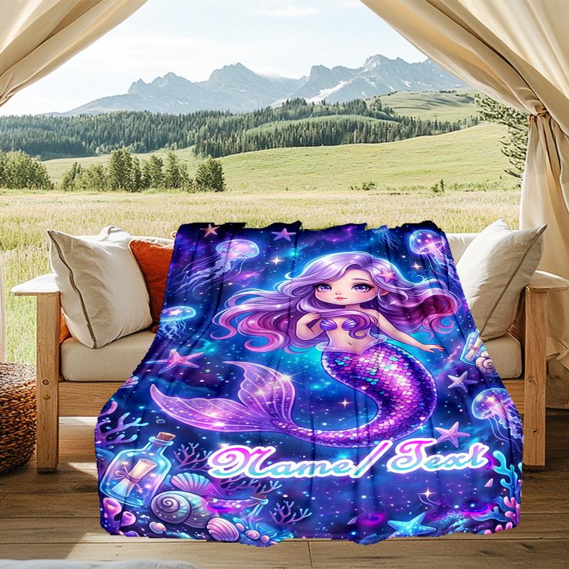 1PC Custom Name Mermaid Fantasy Underwater World outdooor Flannel blankets Throw Blanket All-Season Throw Gift Bedspread for Couch, Bed, Camping Holid