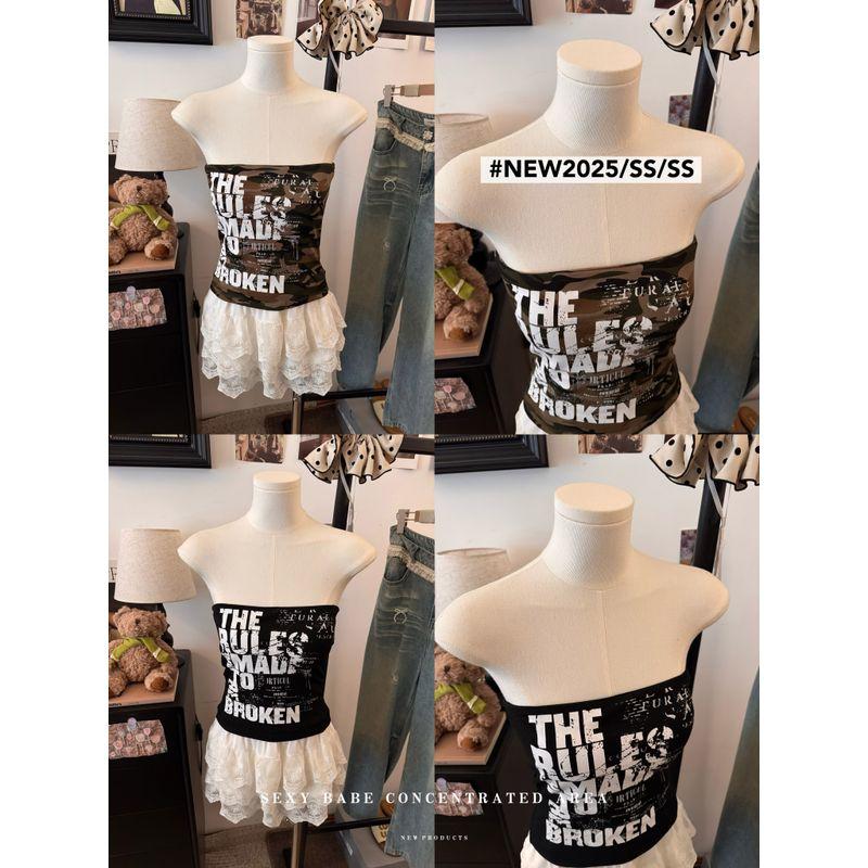 American vintage Letters Print Gyaru Red Tube Top Vest Women Summer Short Slimming With Chest Pad Outer Wear Top