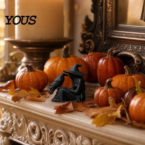 Stable Base Witch Ornament 3D Printed Ornament, with Matte Black Figurine, Frosted Paint Gothic Style Resin Sculpture for Halloween Party