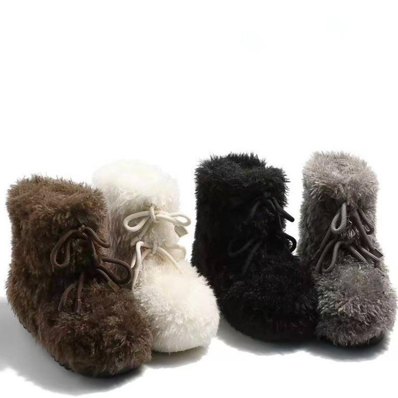 White Fuzzy Shoes Platform Fashion Fuzzy Snow Boots for Women Non-Slip Booties Plus Fleece Thickened Large Cotton Shoes