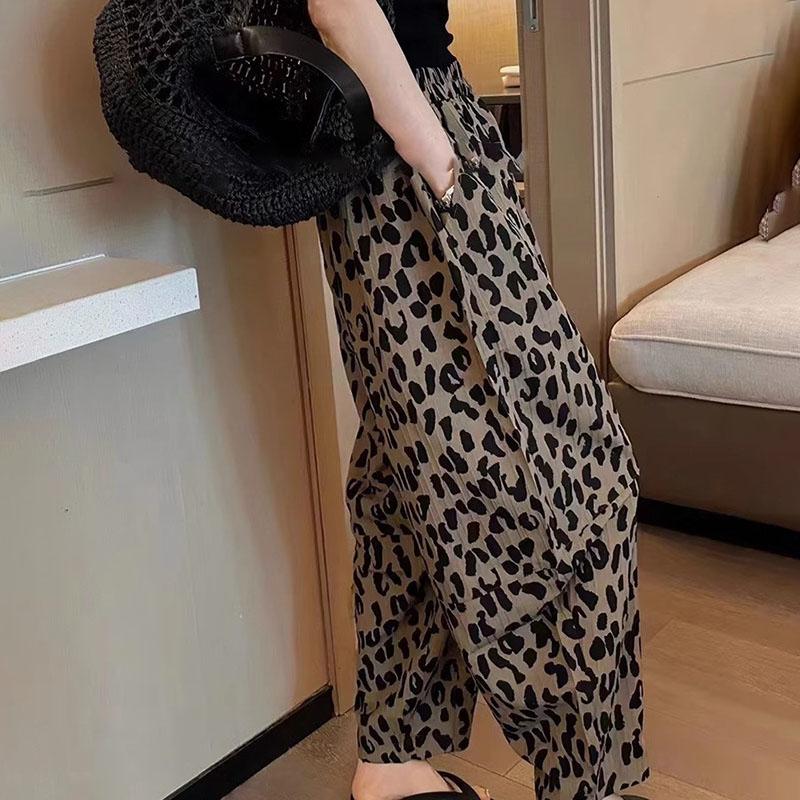 Pantaloni de vară pentru femei, mărime plus, pantaloni de pijama largi, leopard, versatili, casual, cu talie înaltă