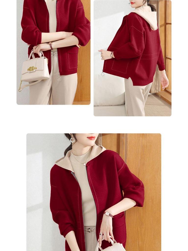 2024 Spring & Autumn Knitted Hooded Cardigan for Middle-Aged & Elderly Women