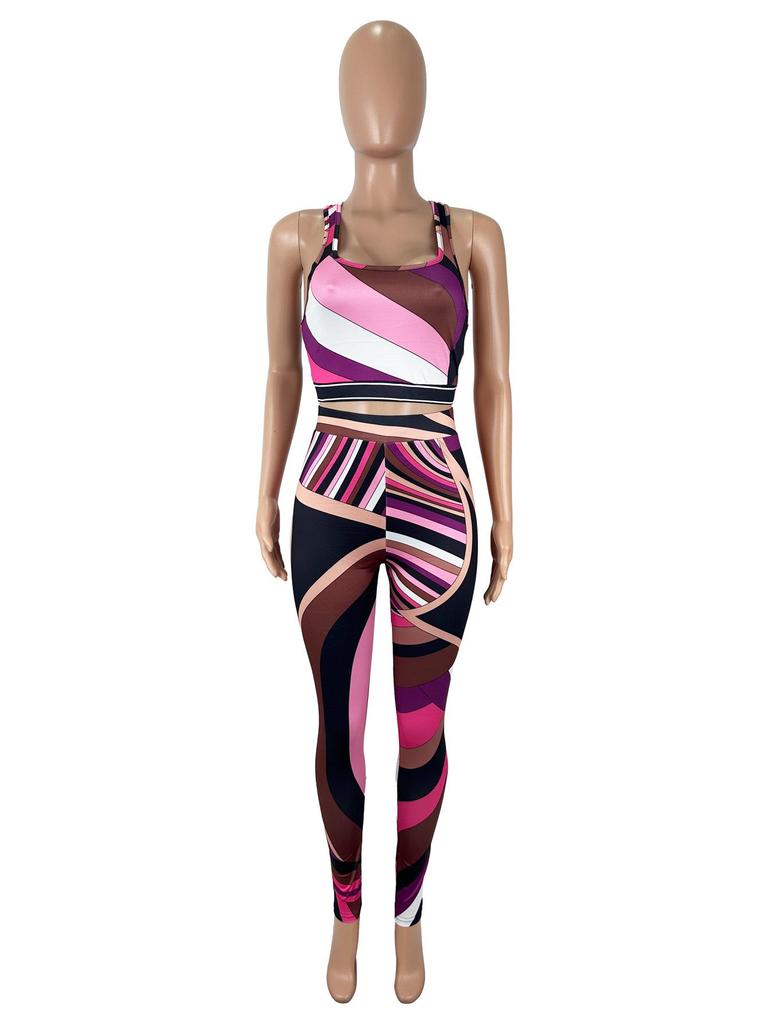 Color Block Print Women's Fashion Vest and Long Pants Set
