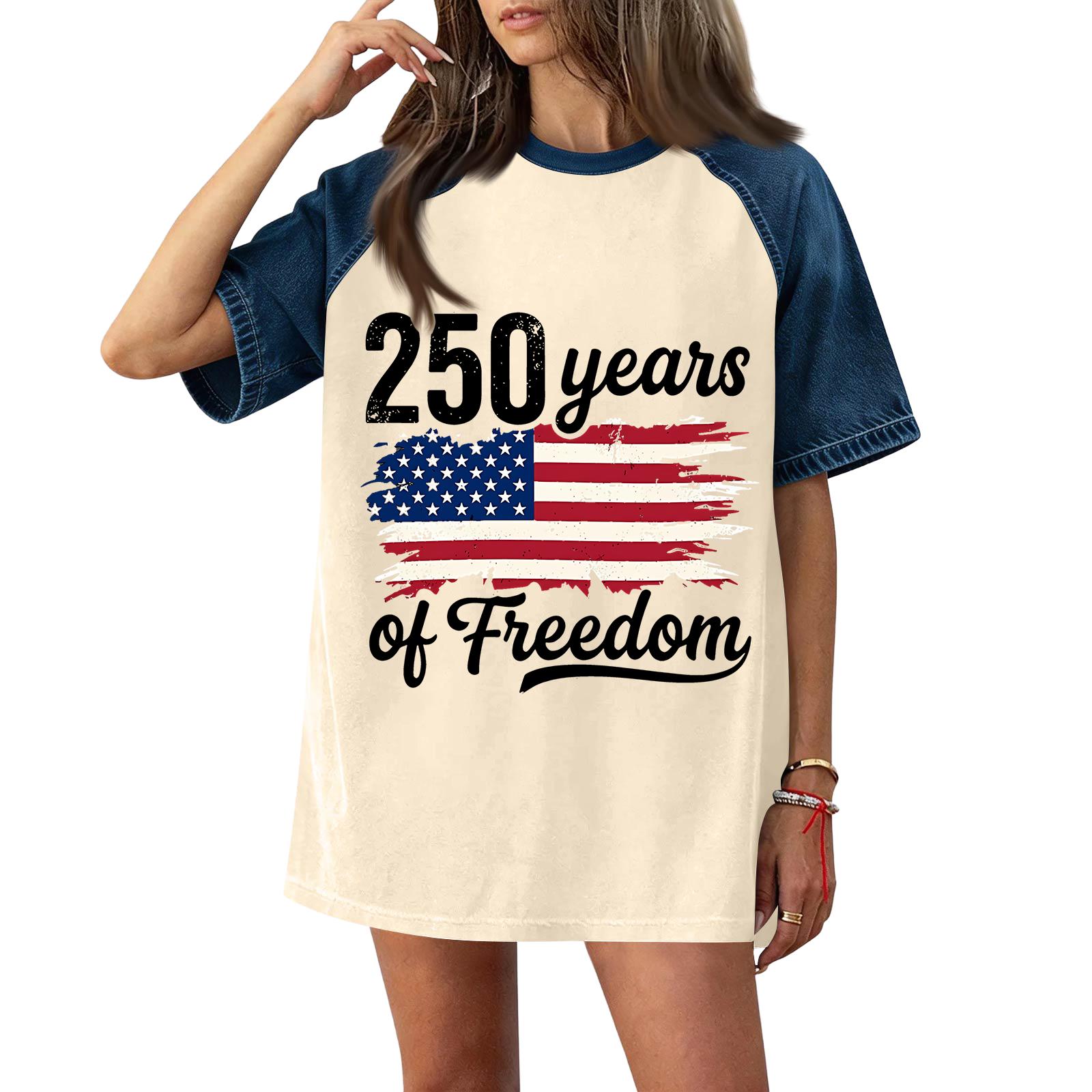 

Women s Casual Short Sleeve T Shirt Denim Patchwork Independence Day Printed Top for 250 Years of Freedom Commemoration L хакі