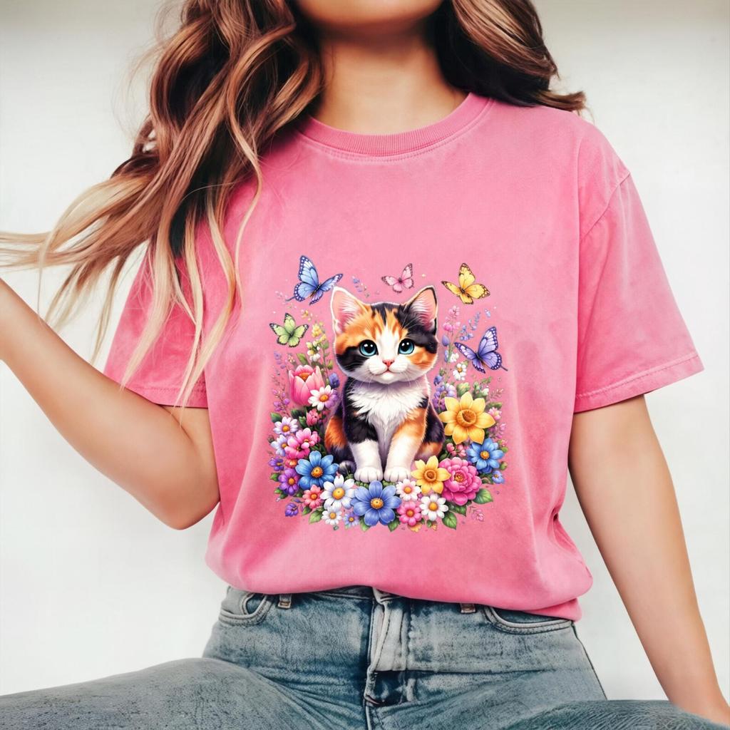 Cute Floral Tabby Cat Retro T-Shirt, 230g Pure Cotton Unisex Crew Neck Short Sleeve Tee, Gift for Cat Lover, Mom, Dad