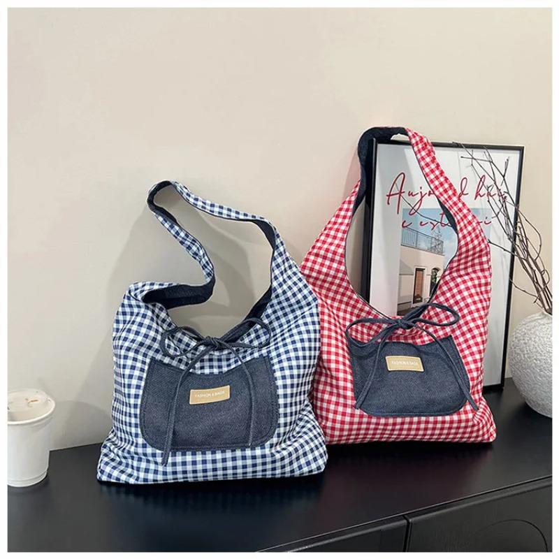 Double Sided Nyl Women's Shoulder Bags Large Capacity Plaid Ladies Tote Underarm Bag Threaded Simple Bow Casual Female Handbag